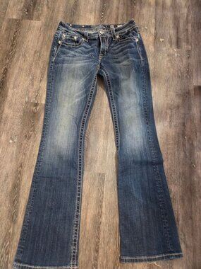 Miss Me Jeans Womens 30 Signature Bootcut Embroidered Pocket Studded Blue Denim